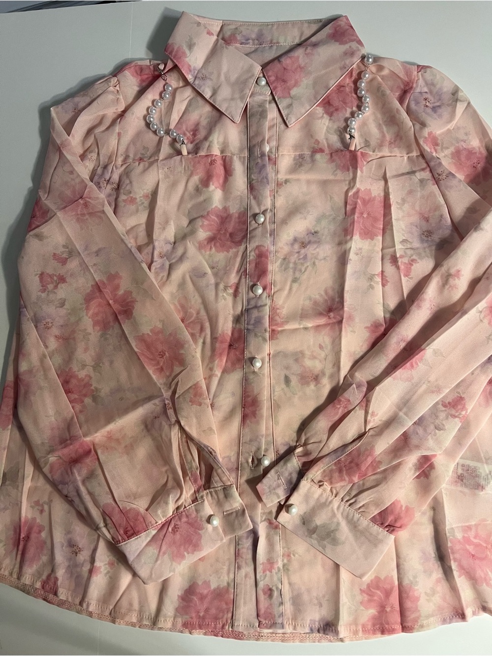 SHEIN Pink Floral Pearl-Trim Chiffon Button-Down Shirt